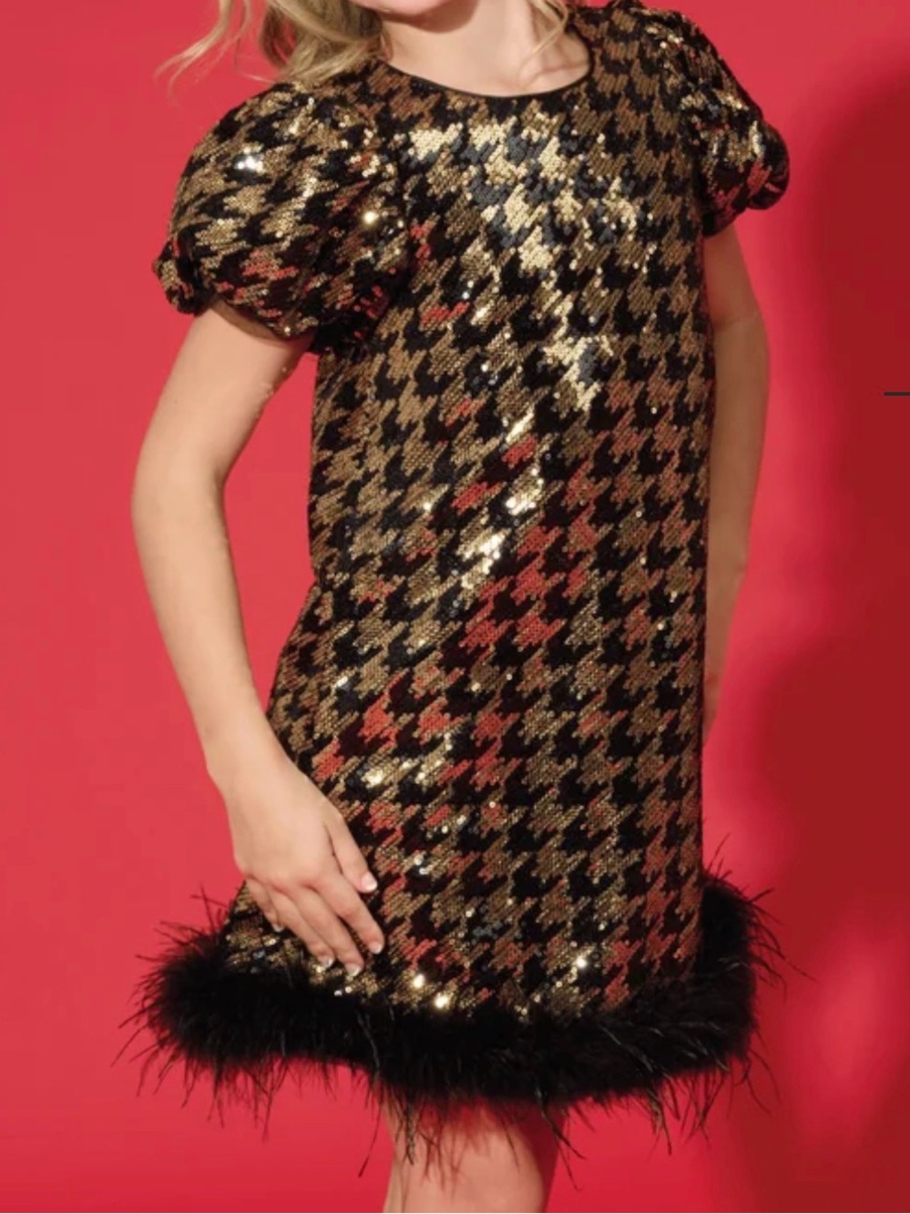 Lola + the boys Starlet Black Gold Sequin Houndstooth Puff-Sleeve Dress Size 12
